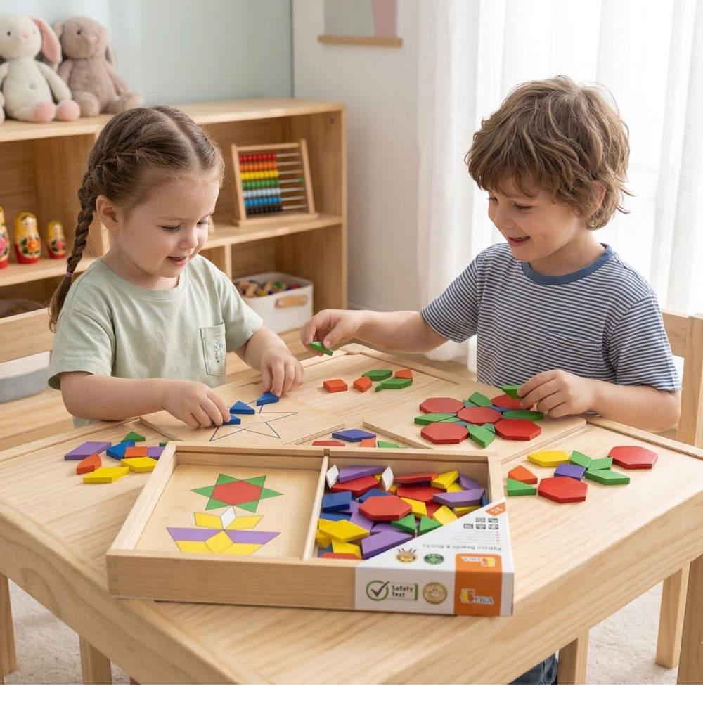 Medinė geometrinė mozaikinė dėlionė VIGA Montessori, 148 dalys-Žaislai, Dėlionės, Dėlionės patiems mažiausiems-e-vaikas