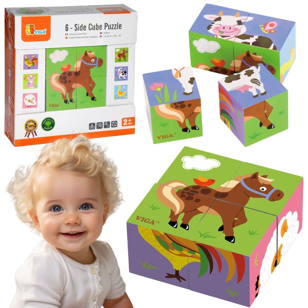 Medinė dėlionė - kaladėlės VIGA Farm 4 blokai-Žaislai, Dėlionės, Dėlionės patiems mažiausiems-e-vaikas