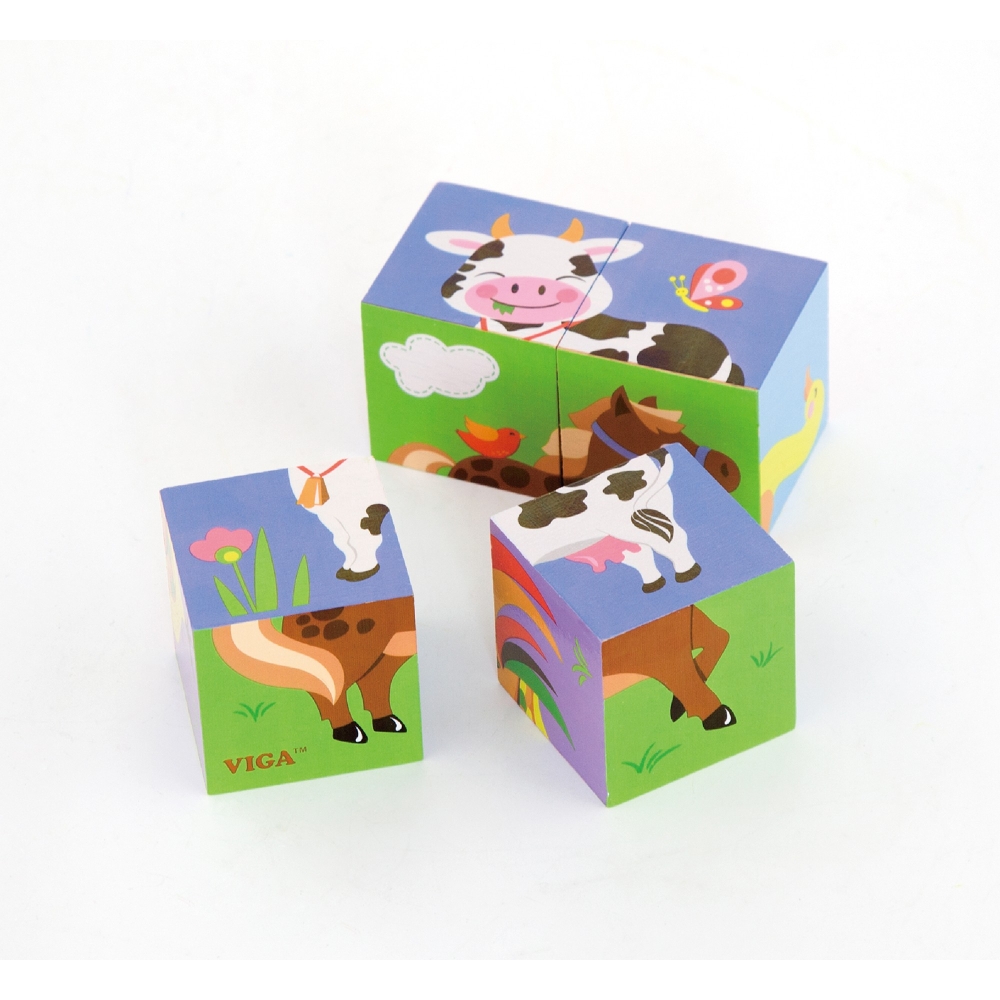 Medinė dėlionė - kaladėlės VIGA Farm 4 blokai-Žaislai, Dėlionės, Dėlionės patiems mažiausiems-e-vaikas