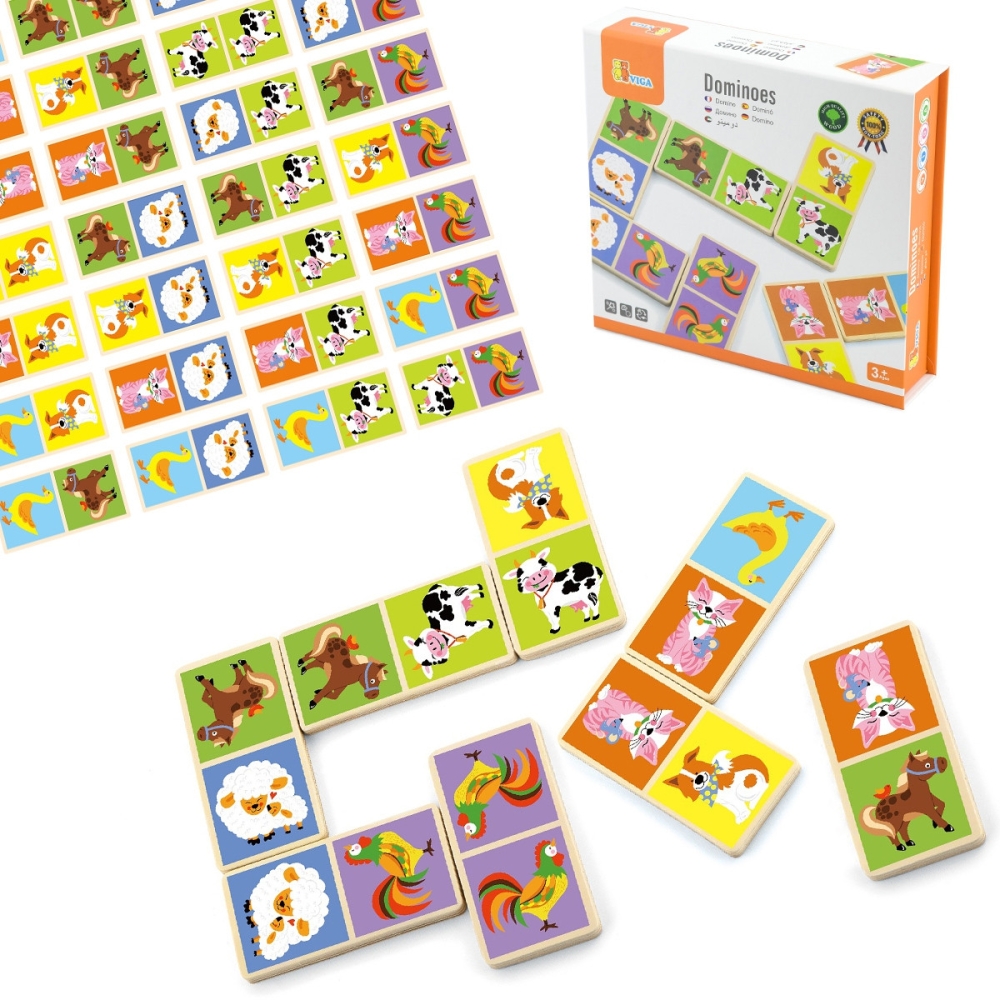 VIGA Educational Wooden Domino Blocks Farm Game 28 Pieces Montessori 