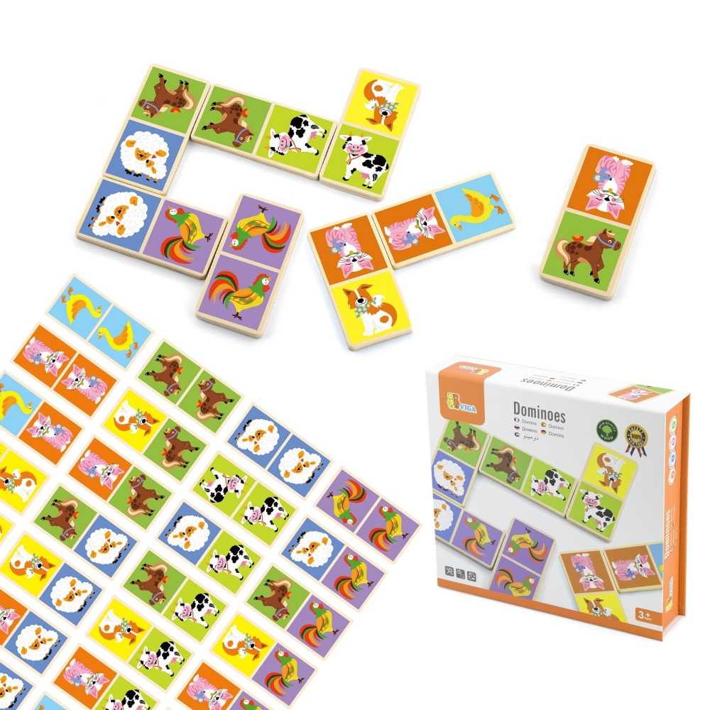 VIGA Educational Wooden Domino Blocks Farm Game 28 Pieces Montessori 