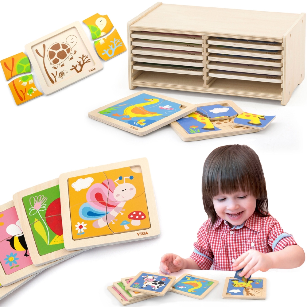 VIGA Wooden Puzzle 12 boards, 4 puzzles each, in a stand