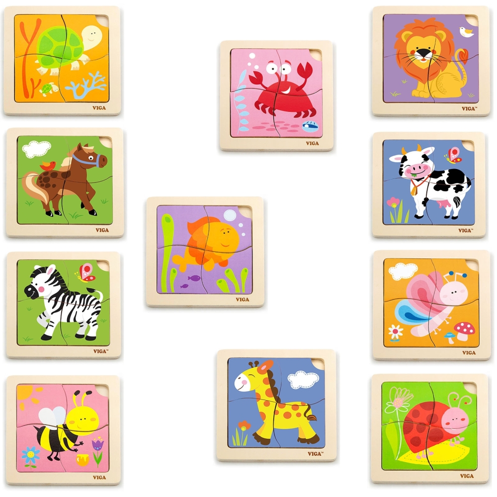 VIGA Wooden Puzzle 12 boards, 4 puzzles each, in a stand