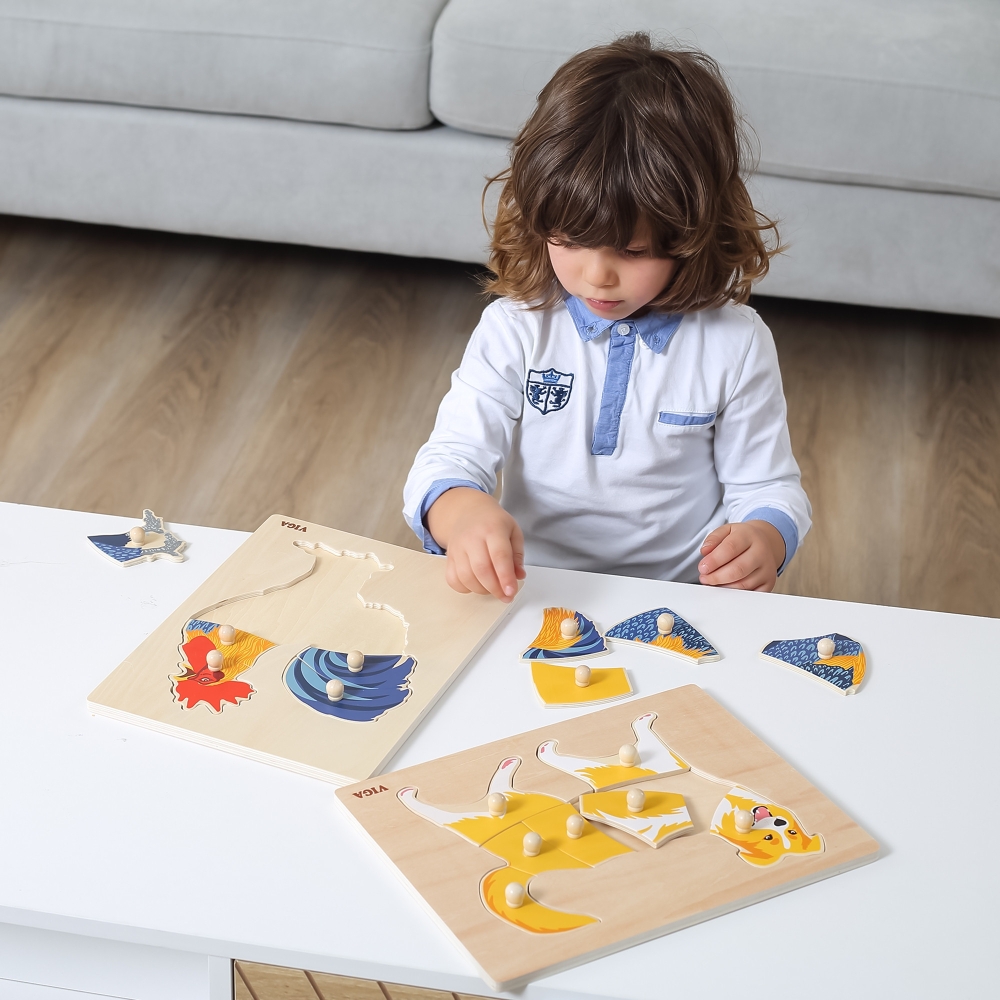 Medinė dėlionė Gaidelis su smeigtukais VIGA Montessori-Žaislai, Dėlionės, Dėlionės patiems mažiausiems-e-vaikas