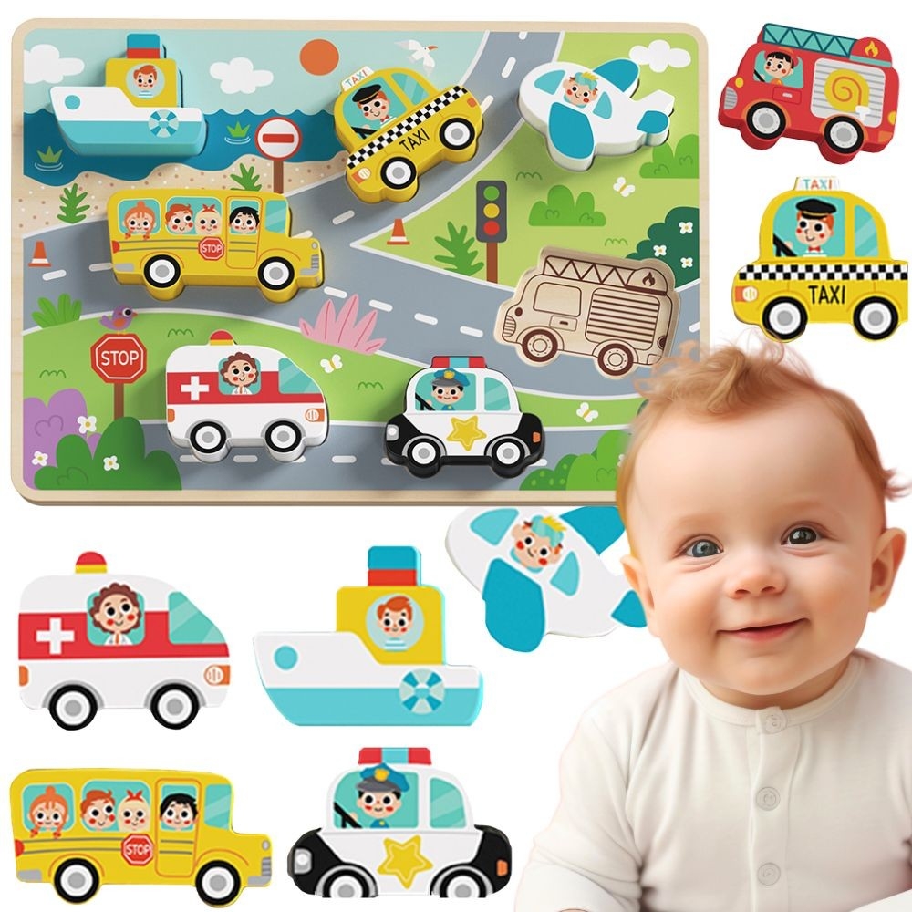 Medinė dėlionė TOOKY TOY Montessori Transporto priemonės Automobiliai Lėktuvas Laivas Miestas-Žaislai, Dėlionės, Dėlionės patiem