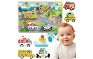 TOOKY TOY Drewniane Puzzle Montessori Pojazdy Samochody Samolot Statek Miasto Dopasuj Kształty