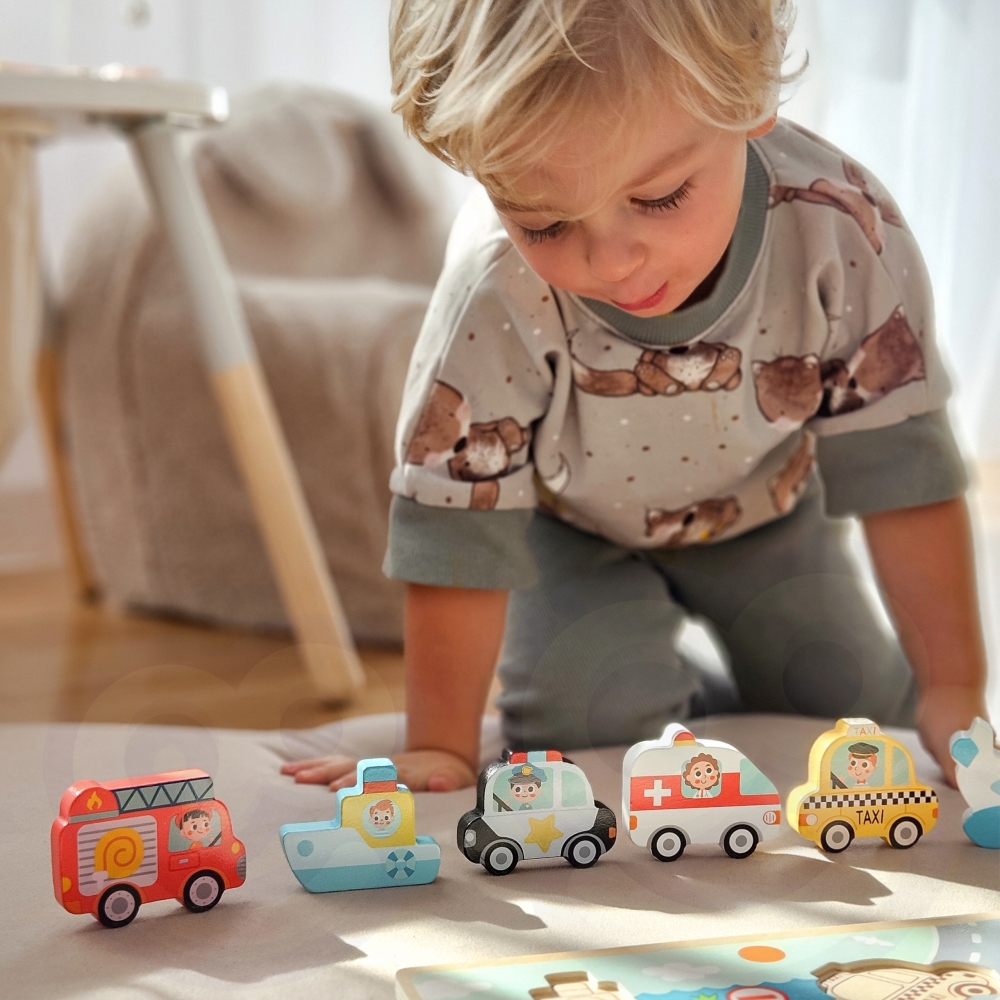Medinė dėlionė TOOKY TOY Montessori Transporto priemonės Automobiliai Lėktuvas Laivas Miestas-Žaislai, Dėlionės, Dėlionės patiem
