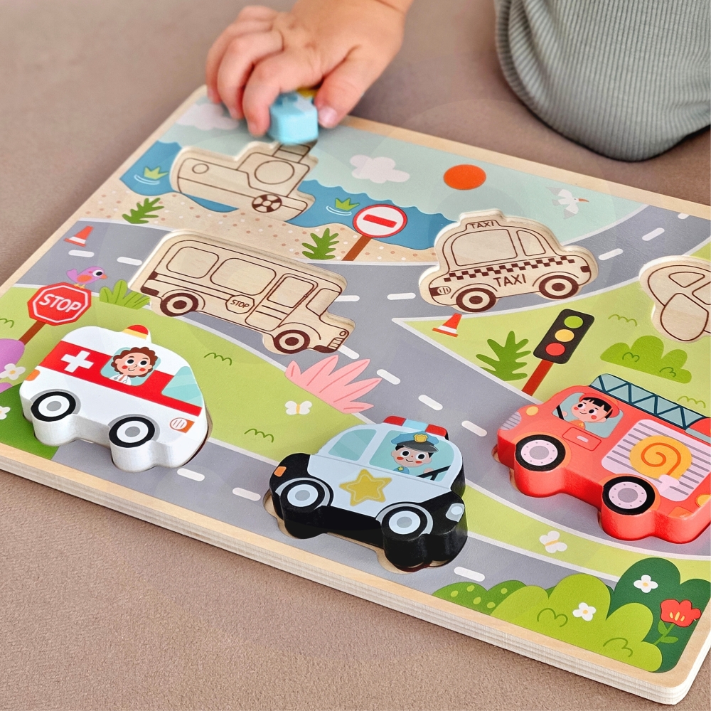 Medinė dėlionė TOOKY TOY Montessori Transporto priemonės Automobiliai Lėktuvas Laivas Miestas-Žaislai, Dėlionės, Dėlionės patiem