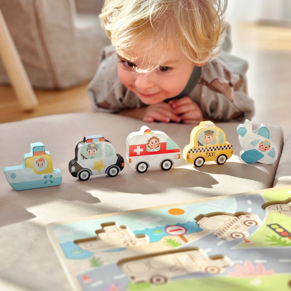 TOOKY TOY Drewniane Puzzle Montessori Pojazdy Samochody Samolot Statek Miasto Dopasuj Kształty