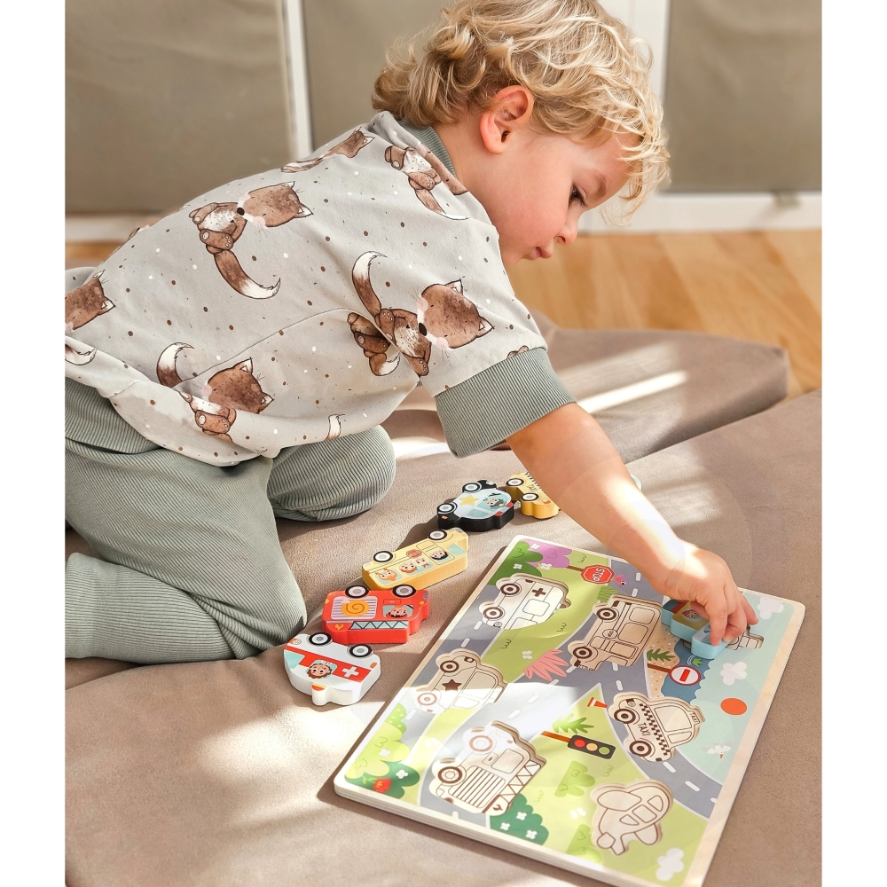 TOOKY TOY Drewniane Puzzle Montessori Pojazdy Samochody Samolot Statek Miasto Dopasuj Kształty