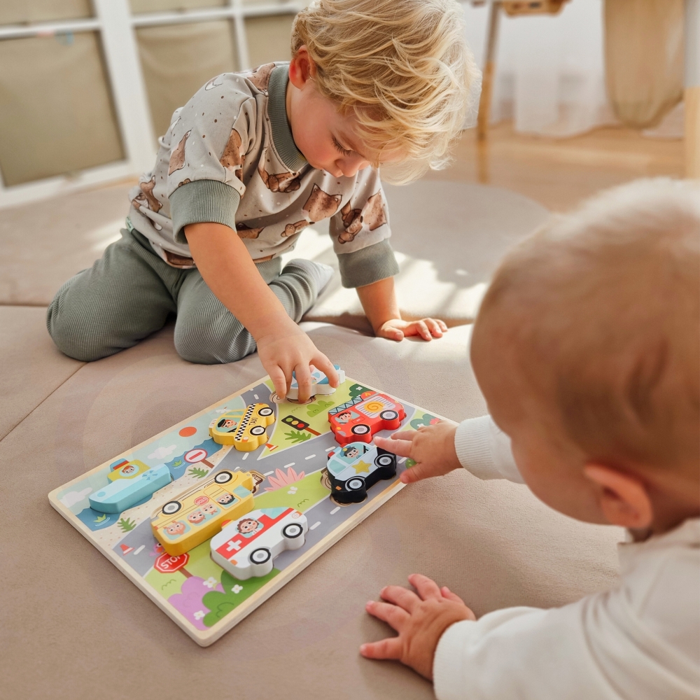TOOKY TOY Drewniane Puzzle Montessori Pojazdy Samochody Samolot Statek Miasto Dopasuj Kształty