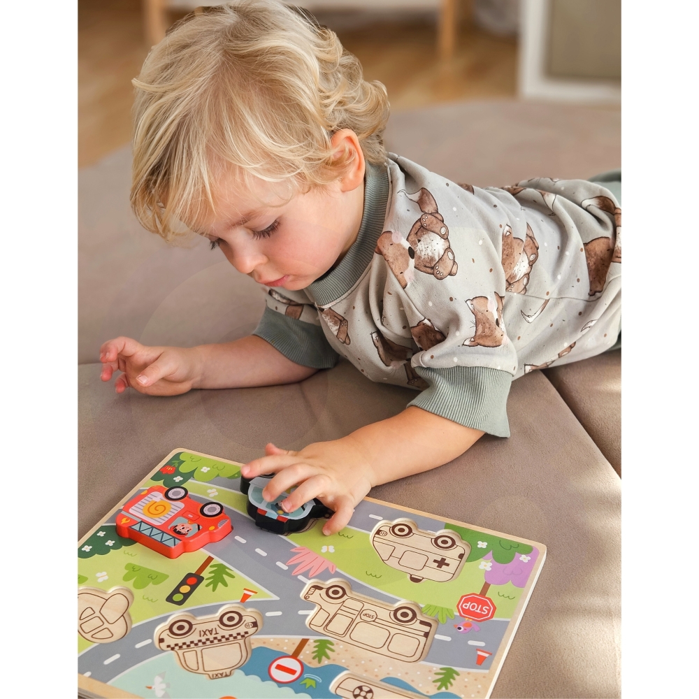 Medinė dėlionė TOOKY TOY Montessori Transporto priemonės Automobiliai Lėktuvas Laivas Miestas-Žaislai, Dėlionės, Dėlionės patiem