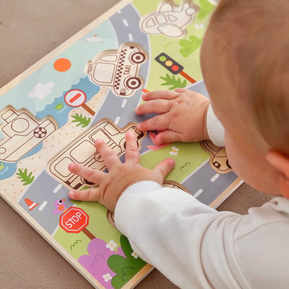 Medinė dėlionė TOOKY TOY Montessori Transporto priemonės Automobiliai Lėktuvas Laivas Miestas-Žaislai, Dėlionės, Dėlionės patiem