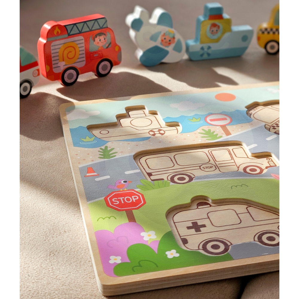 Medinė dėlionė TOOKY TOY Montessori Transporto priemonės Automobiliai Lėktuvas Laivas Miestas-Žaislai, Dėlionės, Dėlionės patiem