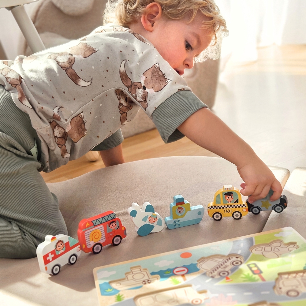 Medinė dėlionė TOOKY TOY Montessori Transporto priemonės Automobiliai Lėktuvas Laivas Miestas-Žaislai, Dėlionės, Dėlionės patiem