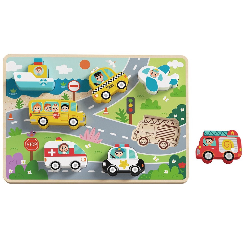 Medinė dėlionė TOOKY TOY Montessori Transporto priemonės Automobiliai Lėktuvas Laivas Miestas-Žaislai, Dėlionės, Dėlionės patiem