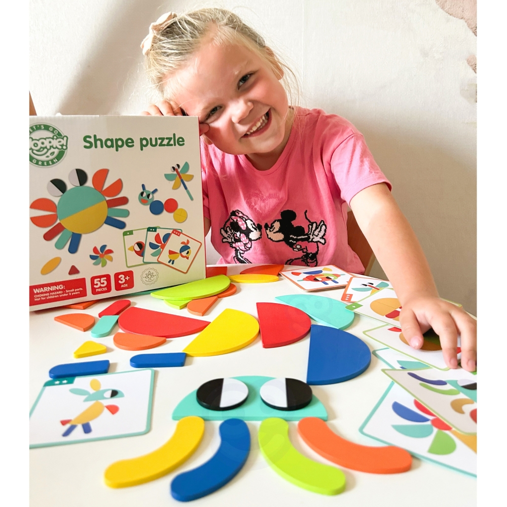 WOOPIE GREEN Montessori medinė dėlionė 40 atkuriamų modelių 55 el. FSC sertifikuota