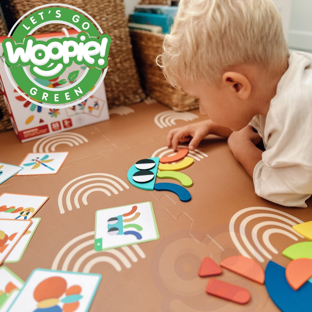 WOOPIE GREEN Montessori medinė dėlionė 40 atkuriamų modelių 55 el. FSC sertifikuota