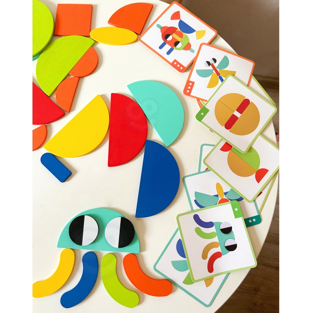 WOOPIE GREEN Montessori medinė dėlionė 40 atkuriamų modelių 55 el. FSC sertifikuota