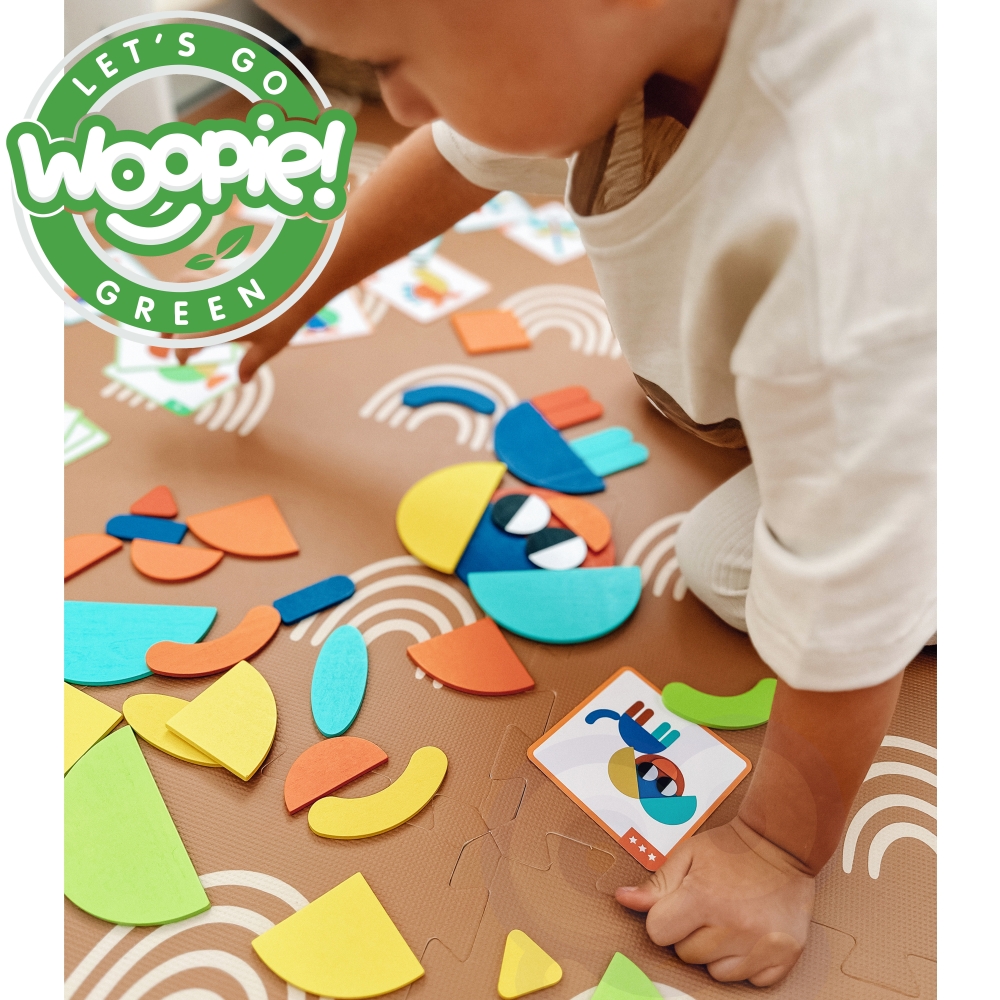 WOOPIE GREEN Montessori medinė dėlionė 40 atkuriamų modelių 55 el. FSC sertifikuota
