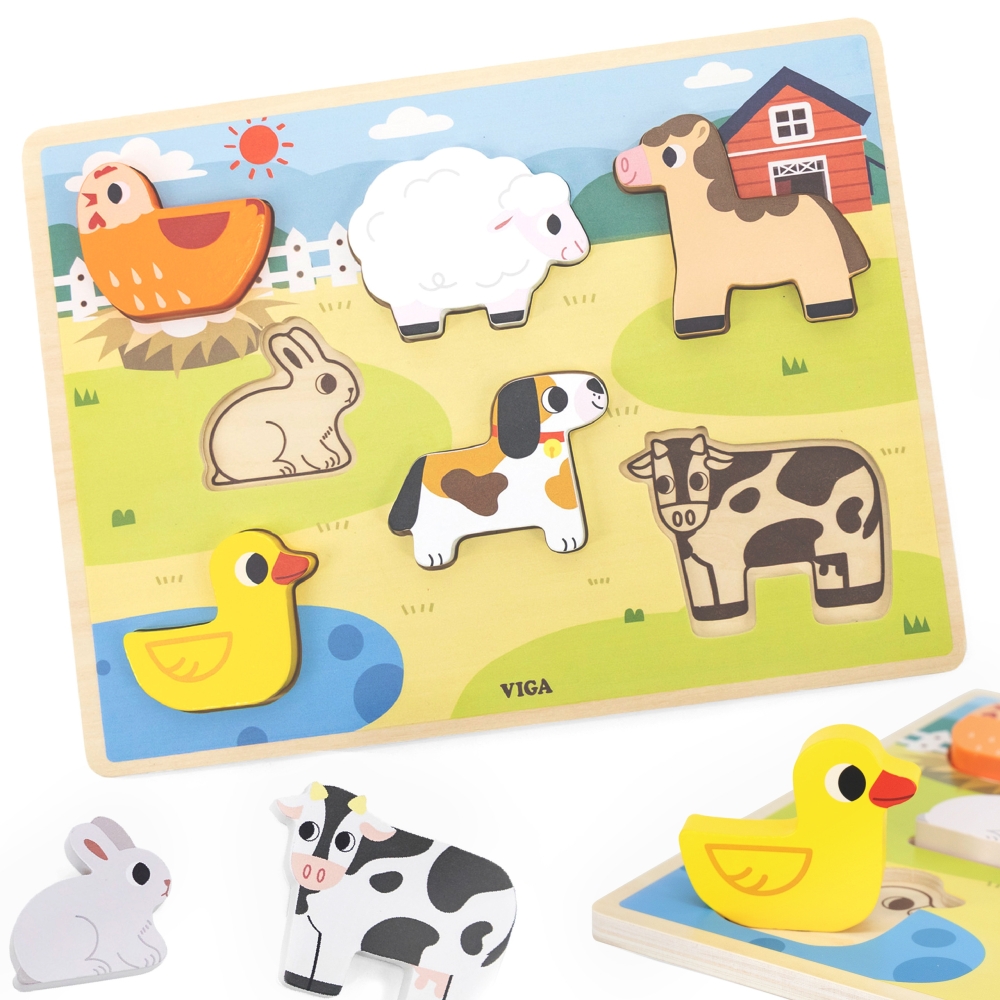 Medinė dėlionė VIGA Montessori 2-in-1 figūrėlės „Ūkis“-Žaislai, Dėlionės, Dėlionės patiems mažiausiems-e-vaikas