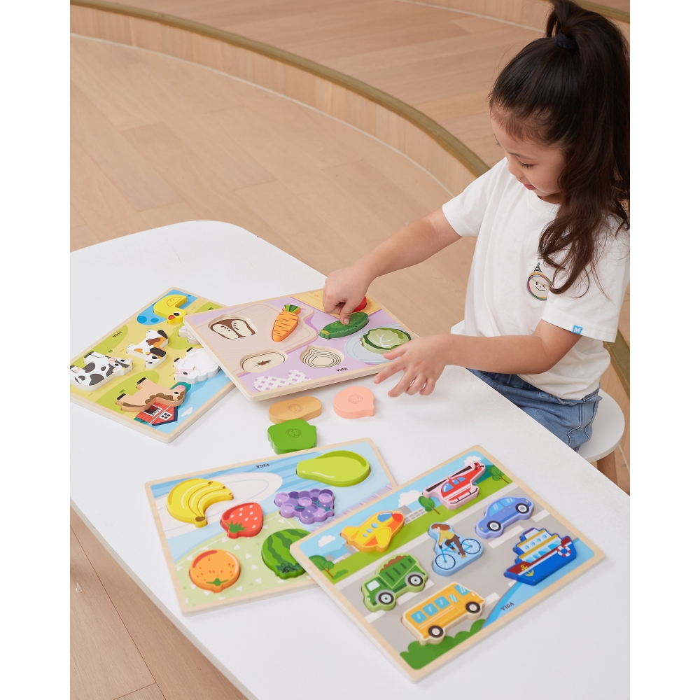 Medinė dėlionė VIGA Montessori 2-in-1 figūrėlės „Ūkis“-Žaislai, Dėlionės, Dėlionės patiems mažiausiems-e-vaikas