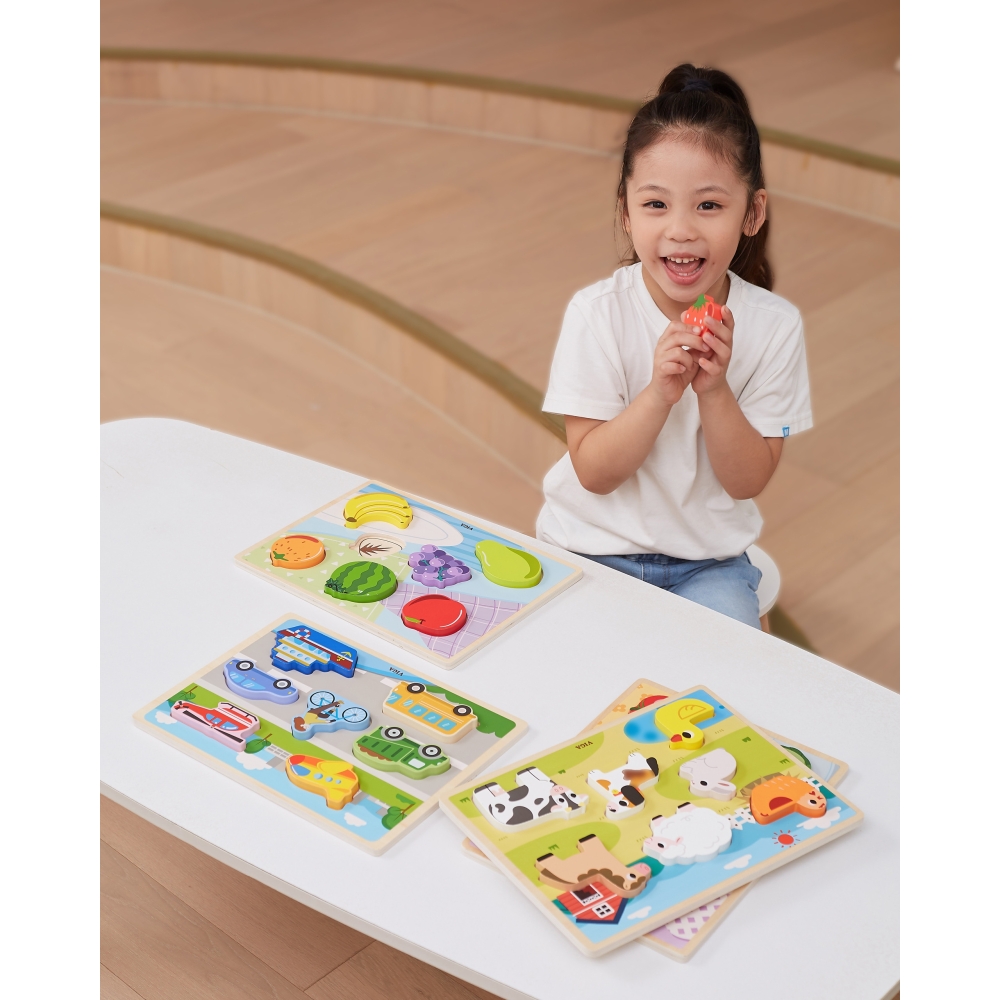 Medinė dėlionė VIGA Montessori 2-in-1 figūrėlės „Ūkis“-Žaislai, Dėlionės, Dėlionės patiems mažiausiems-e-vaikas