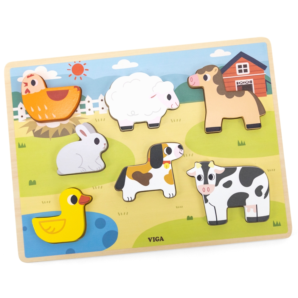 Medinė dėlionė VIGA Montessori 2-in-1 figūrėlės „Ūkis“-Žaislai, Dėlionės, Dėlionės patiems mažiausiems-e-vaikas
