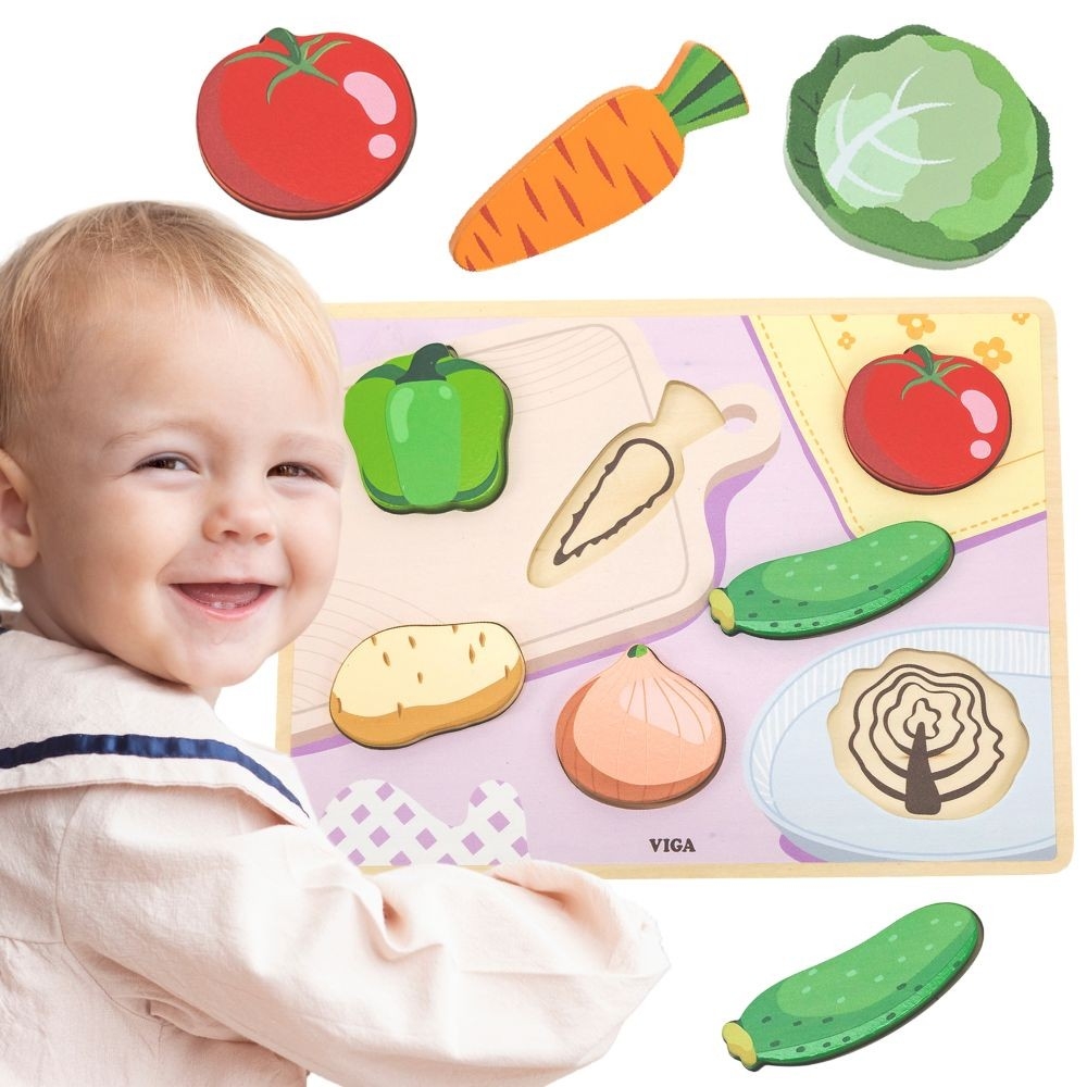 VIGA Montessori medinė dėlionė 2in1 Figūrėlės Daržovės