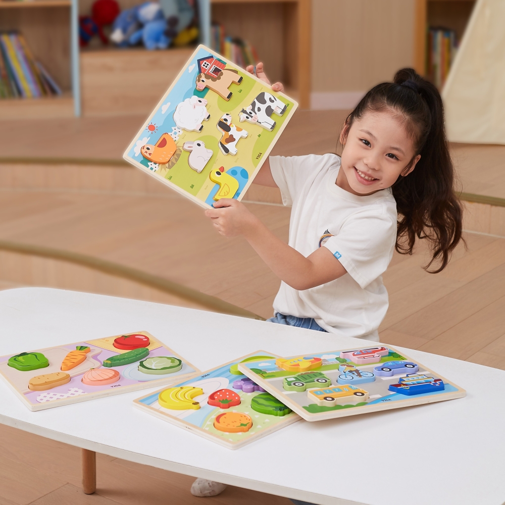 VIGA Montessori medinė dėlionė 2in1 Figūrėlės Daržovės