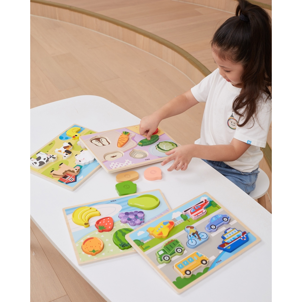 VIGA Montessori medinė dėlionė 2in1 Figūrėlės Daržovės