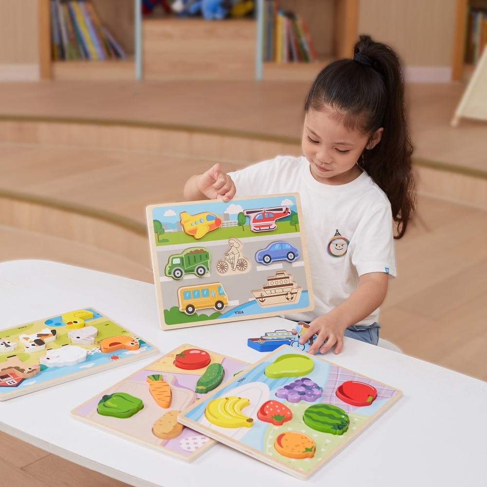VIGA Montessori medinė dėlionė 2in1 Figūrėlės Daržovės
