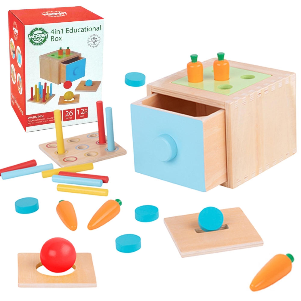 Medinė mokomoji dėžutė WOOPIE GREEN 4-in-1 Montessori rūšiuoklė Morkų žaidimas (FSC)-Žaislai, Kūdikiams, Mediniai, Žaislai mažyl