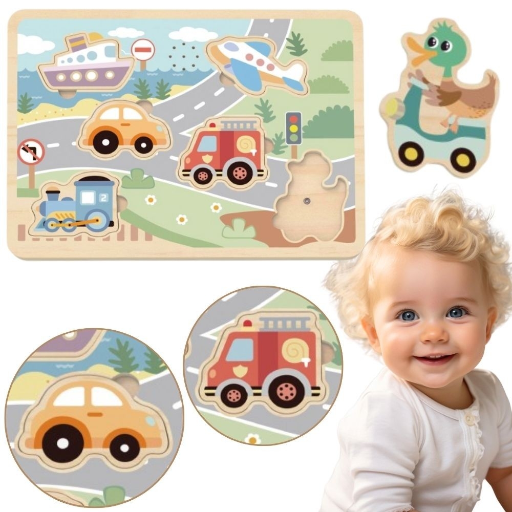 Medinė interaktyvi dėlionė TOOKY TOY Transporto priemonės