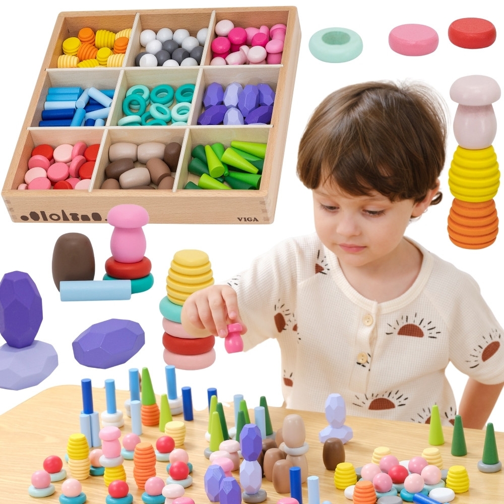 Mediniai mokomieji blokai VIGA Montessori dėlionė, 141 vnt-Žaislai, Dėlionės, 3D - tūrinės dėlionės-e-vaikas