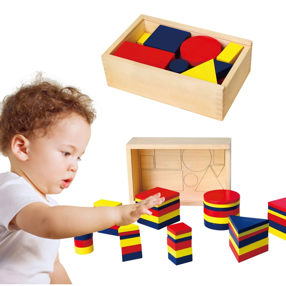 Mediniai blokai su geometrinėmis figūromis Viga Toys Montessori Dienes-Žaislai, Lavinamieji žaislai, Dėlionės, 3D - tūrinės dėli