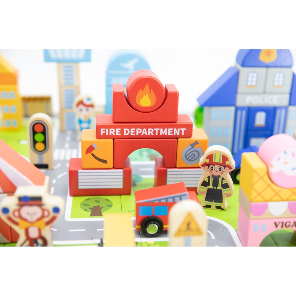 VIGA Wooden Set Building a City Blocks Board Figures 