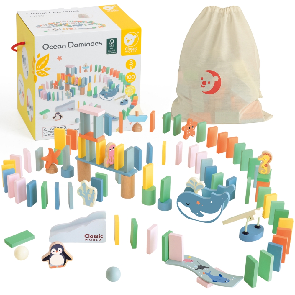 Mediniai domino loginis takelis CLASSIC WORLD Kliūčių dėlionė Montessori 100 el.