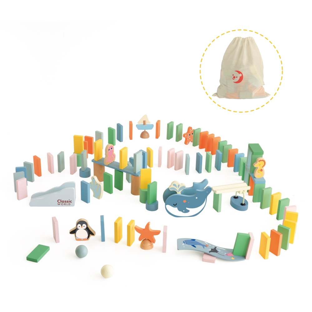 Mediniai domino loginis takelis CLASSIC WORLD Kliūčių dėlionė Montessori 100 el.
