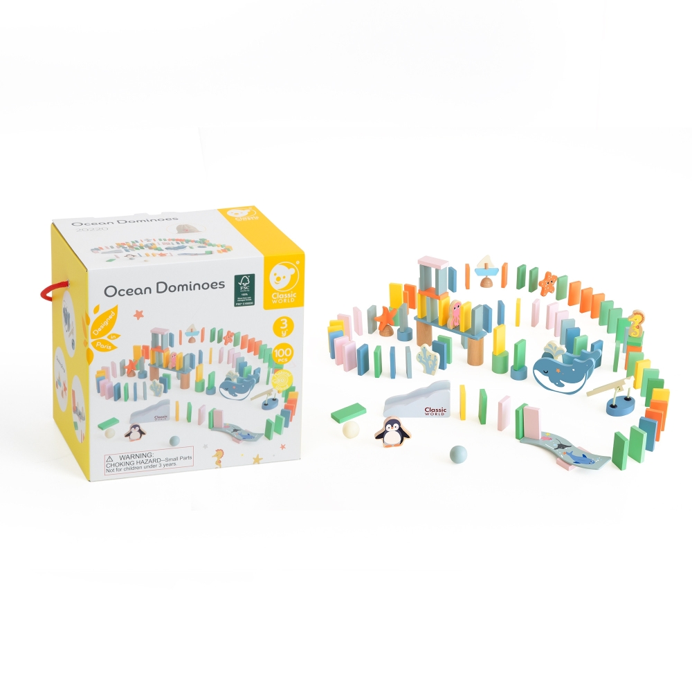 Mediniai domino loginis takelis CLASSIC WORLD Kliūčių dėlionė Montessori 100 el.