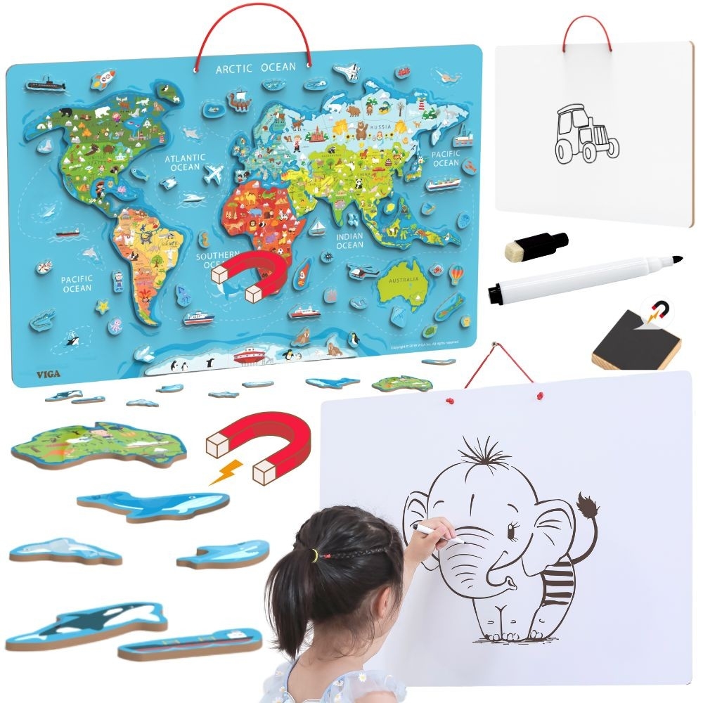 "Viga" 2in1 Montessori mokomoji lenta su magnetiniu pasaulio žemėlapiu