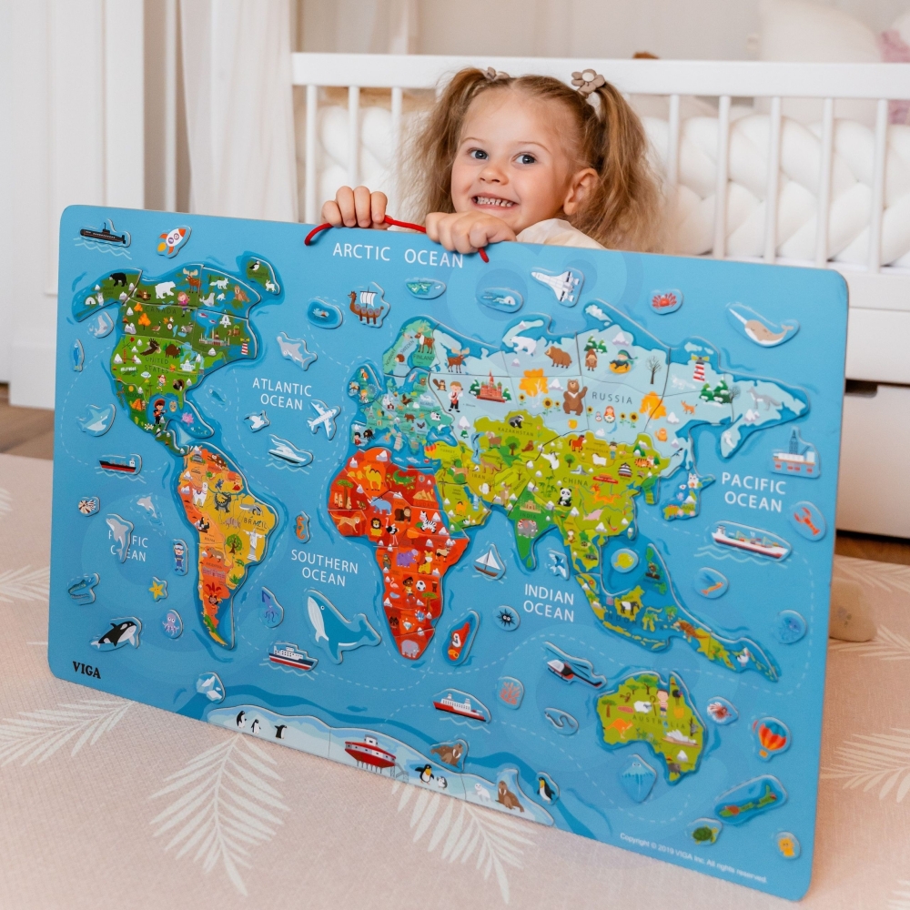 "Viga" 2in1 Montessori mokomoji lenta su magnetiniu pasaulio žemėlapiu