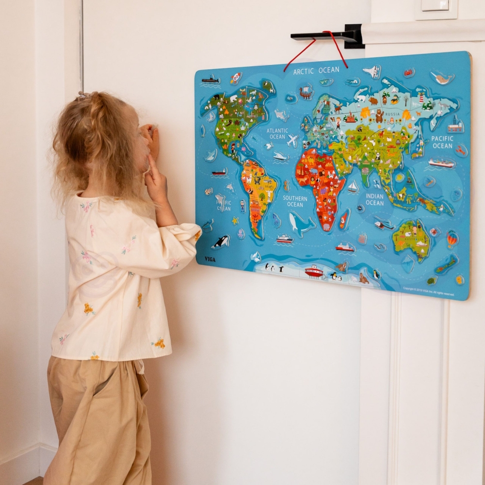 "Viga" 2in1 Montessori mokomoji lenta su magnetiniu pasaulio žemėlapiu