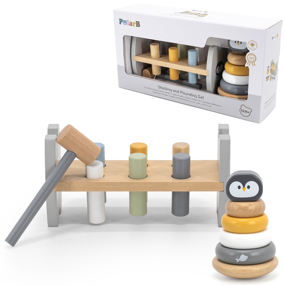 Medinės piramidės Pingvino ir plaktuko rinkinys VIGA PolarB Montessori-Žaislai, Kūdikiams, Mediniai, Žaislai mažyliams (iki 4 m.