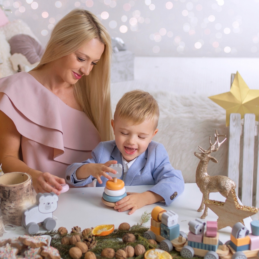 Medinių žaislų rinkinys VIGA PolarB piramidė + plauktuko žaidimas Montessori-Žaislai, Kūdikiams, Mediniai, Žaislai mažyliams (ik