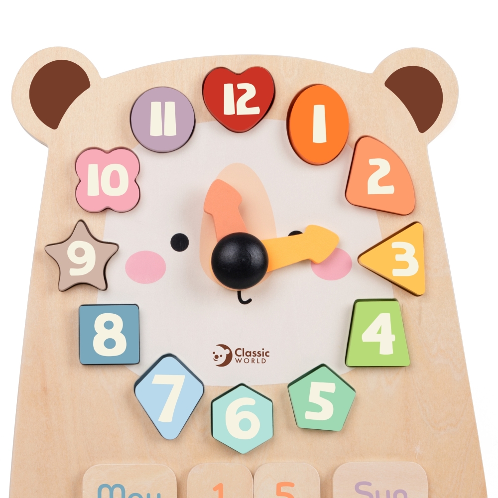 Edukacinis laikrodis 3in1 meškiukas CLASSIC WORLD Montessori, skirtas mokytis skaičiuoti laiką ir datas