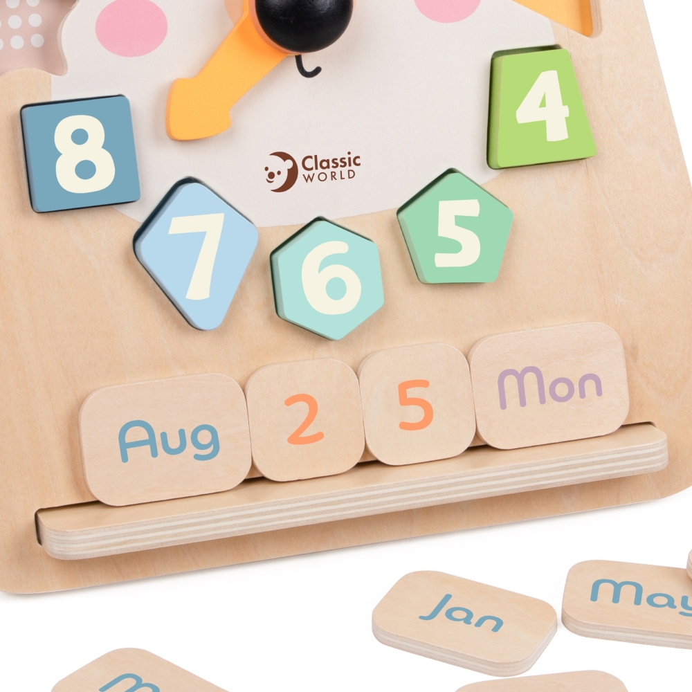 Edukacinis laikrodis 3in1 meškiukas CLASSIC WORLD Montessori, skirtas mokytis skaičiuoti laiką ir datas