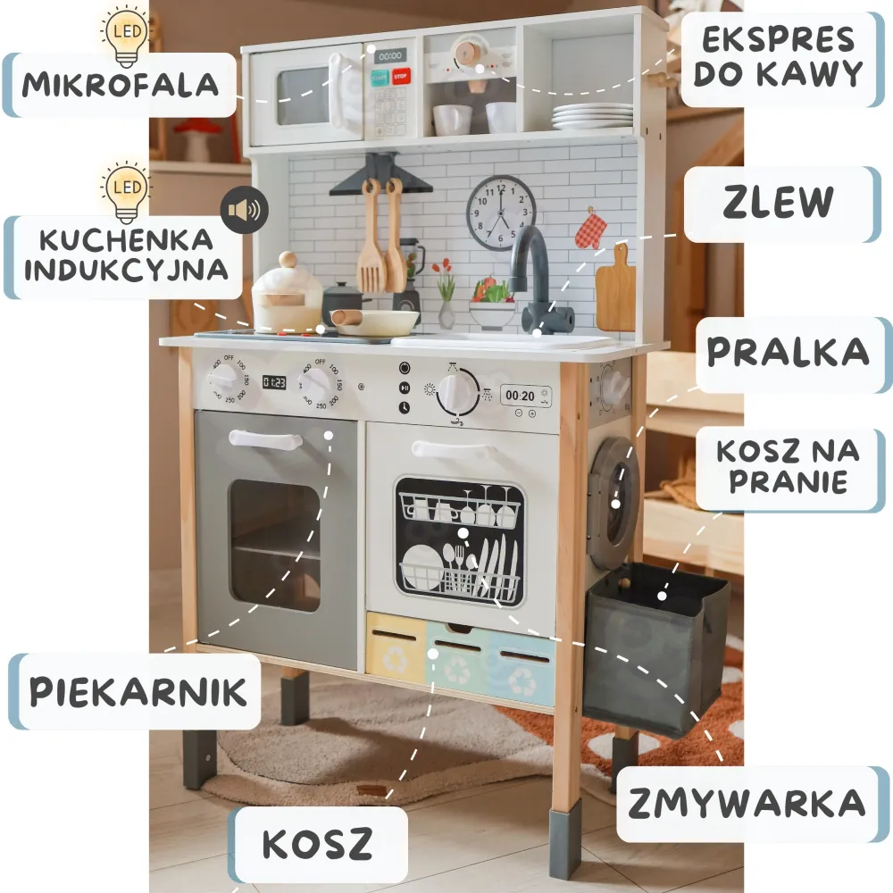 Medinė interaktyvi virtuvėlė WOOPIE GREEN 9-in-1 su skalbimo mašina ir lentele-Žaislai, Vaikiškos virtuvėlės-e-vaikas