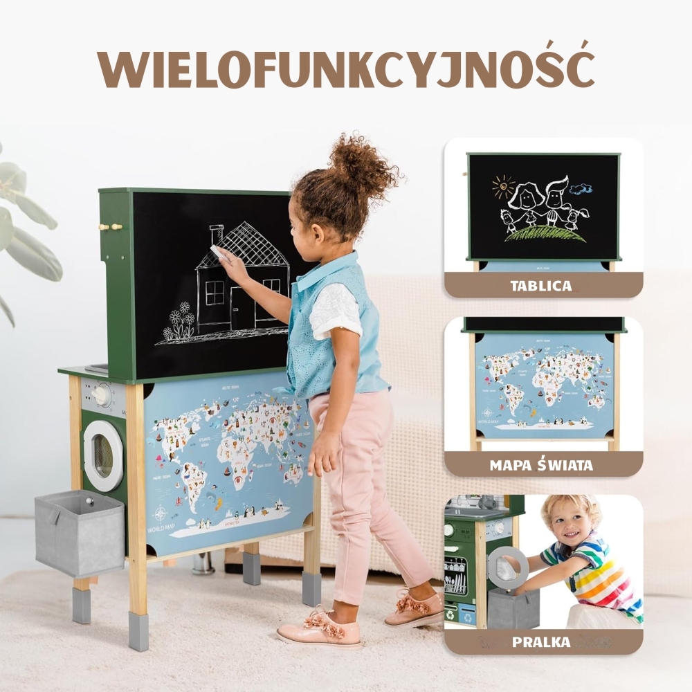 WOOPIE GREEN 9-in-1 Wooden Interactive Kitchen with Washing Machine and Whiteboard