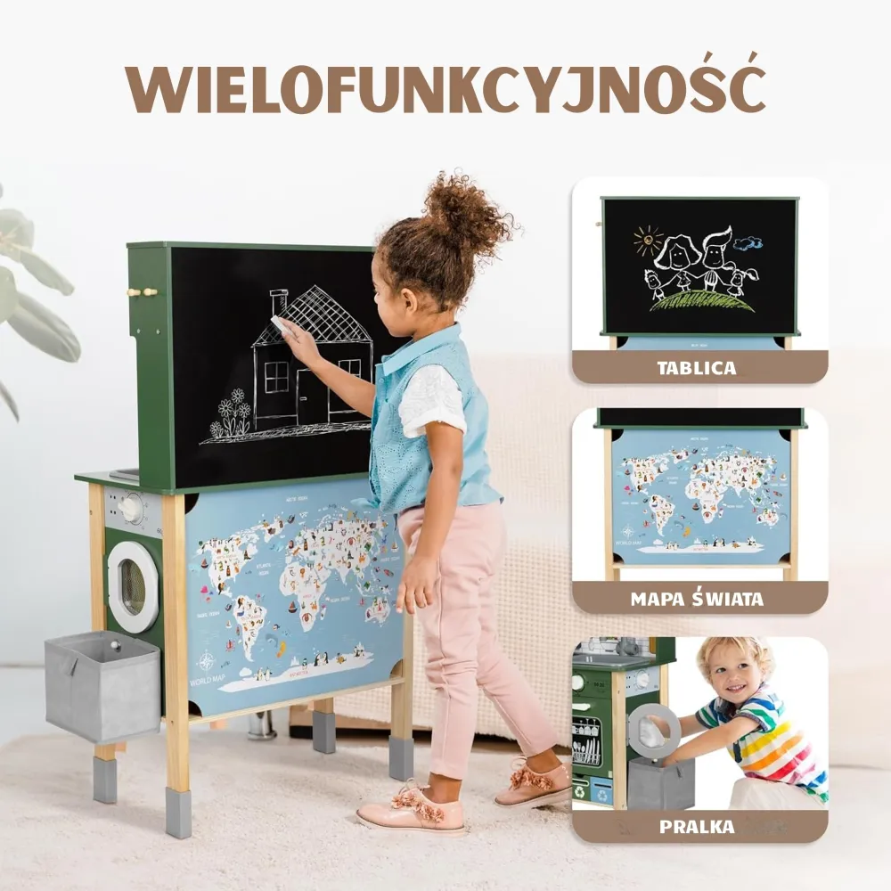 Medinė interaktyvi virtuvėlė WOOPIE GREEN 9-in-1 su skalbimo mašina ir lentele-Žaislai, Vaikiškos virtuvėlės-e-vaikas